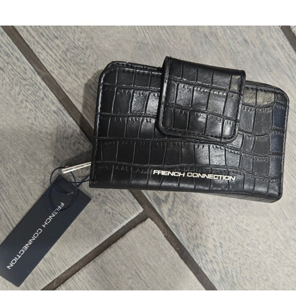 French Connection Emmy Croco Fold Zipper Wallet Black FCWH24217-BLAK NWT